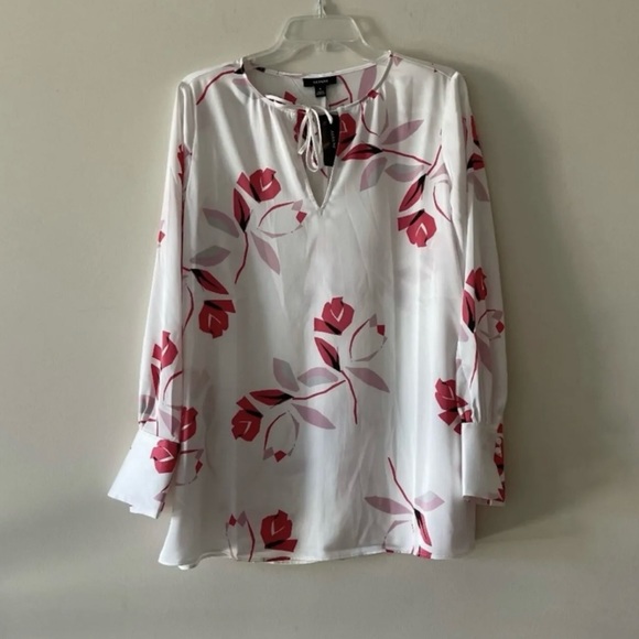 Alfani Floral Print Red Tie Front Long Sleeve Blouse - Picture 1 of 7